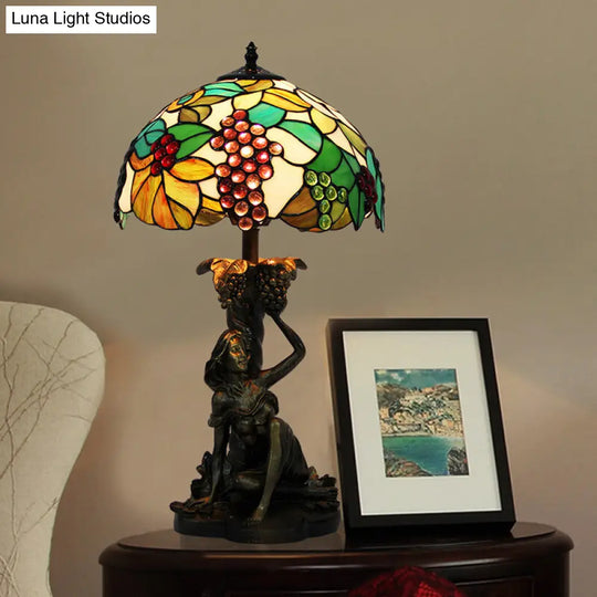 Victorian Stained Glass Nightstand Lamp - Green Grape Pattern With Dome Shade For Bedroom