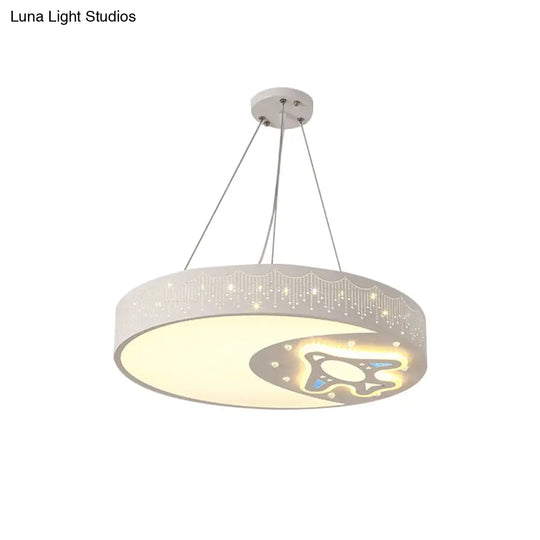 Rocket Etched Moon Pendant Light: Modern Iron Hanging Lamp In White For Study Room