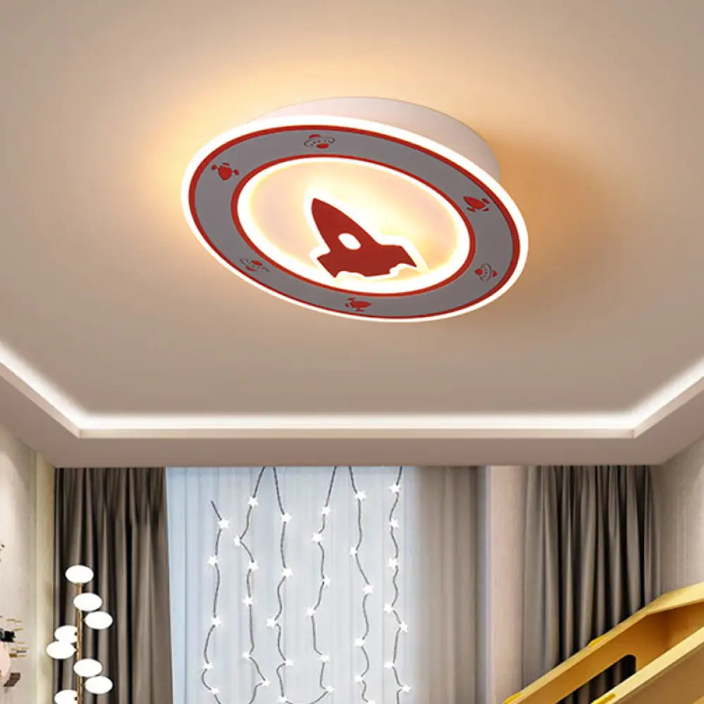 Rocket Led Ceiling Light For Boys’ Room - Acrylic Flush Mount Fixture In Blue/Red Red