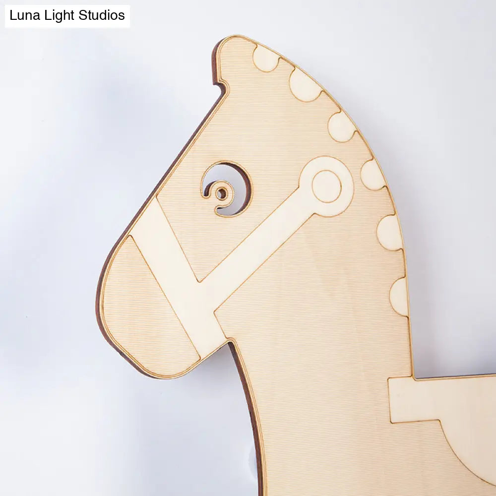 Rocking Horse Sconce: Kids Led Wall Lamp Beige Wooden Creative Light For Living Room