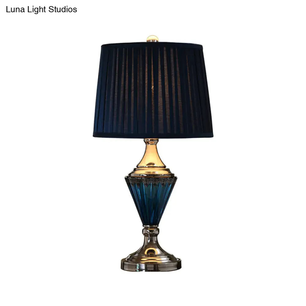 Vintage Style Black Barrel Shade Night Table Lamp With Pleated Fabric - Bedroom Or Desk Light (1