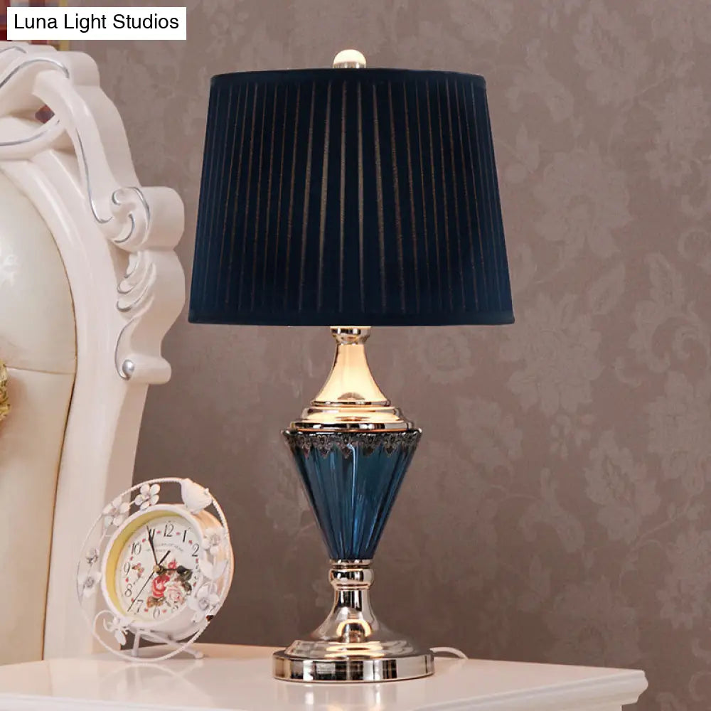 Vintage Style Black Barrel Shade Night Table Lamp With Pleated Fabric - Bedroom Or Desk Light (1