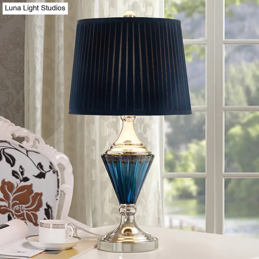 Vintage Style Black Barrel Shade Night Table Lamp With Pleated Fabric - Bedroom Or Desk Light (1