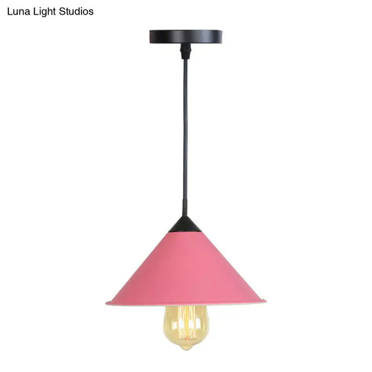 Conical Drop Pendant Dining Room Hanging Lamp In Pink/Blue/Grey With Loft Style And Rolled Edge Pink