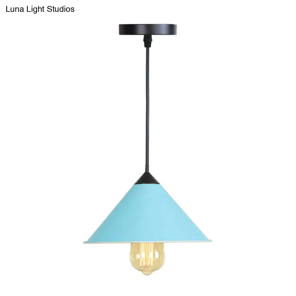 Conical Drop Pendant Dining Room Hanging Lamp In Pink/Blue/Grey With Loft Style And Rolled Edge Blue