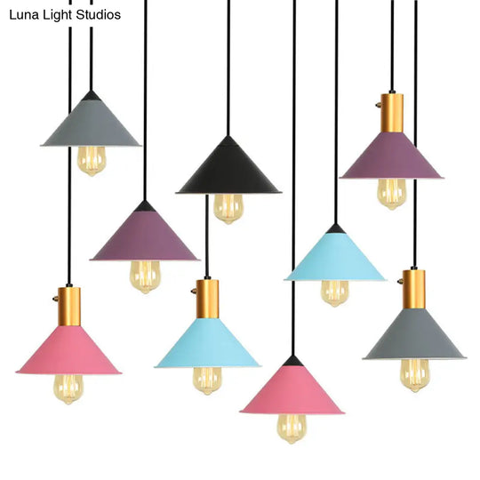 Roll-Edged Conical Iron Pendant Lamp In Pink/Blue/Grey - Loft Style For Single Dining Room