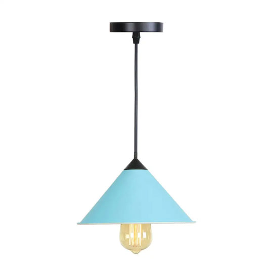 Roll-Edged Conical Iron Pendant Lamp In Pink/Blue/Grey - Loft Style For Single Dining Room Blue