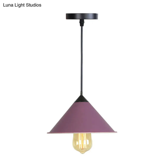 Conical Drop Pendant Dining Room Hanging Lamp In Pink/Blue/Grey With Loft Style And Rolled Edge