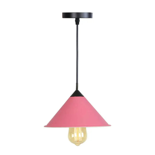 Roll-Edged Conical Iron Pendant Lamp In Pink/Blue/Grey - Loft Style For Single Dining Room Pink