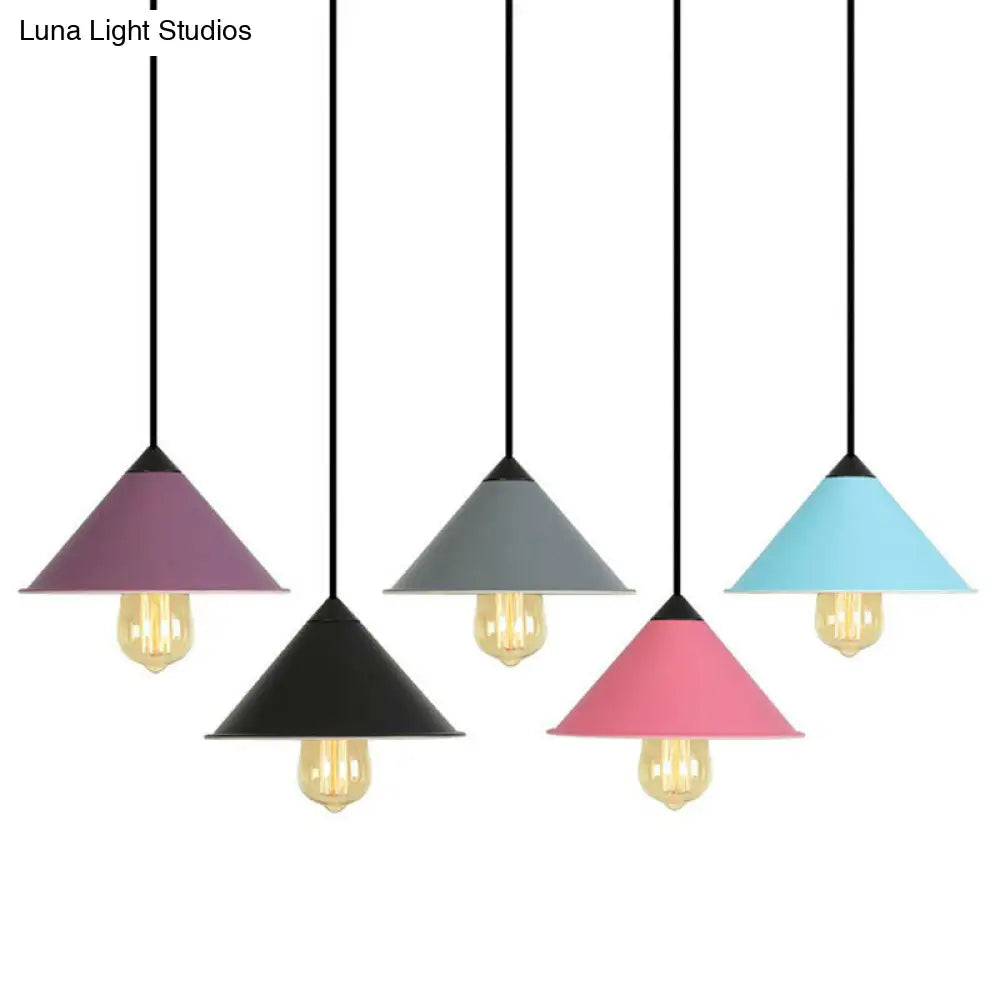 Roll-Edged Conical Iron Pendant Lamp In Pink/Blue/Grey - Loft Style For Single Dining Room