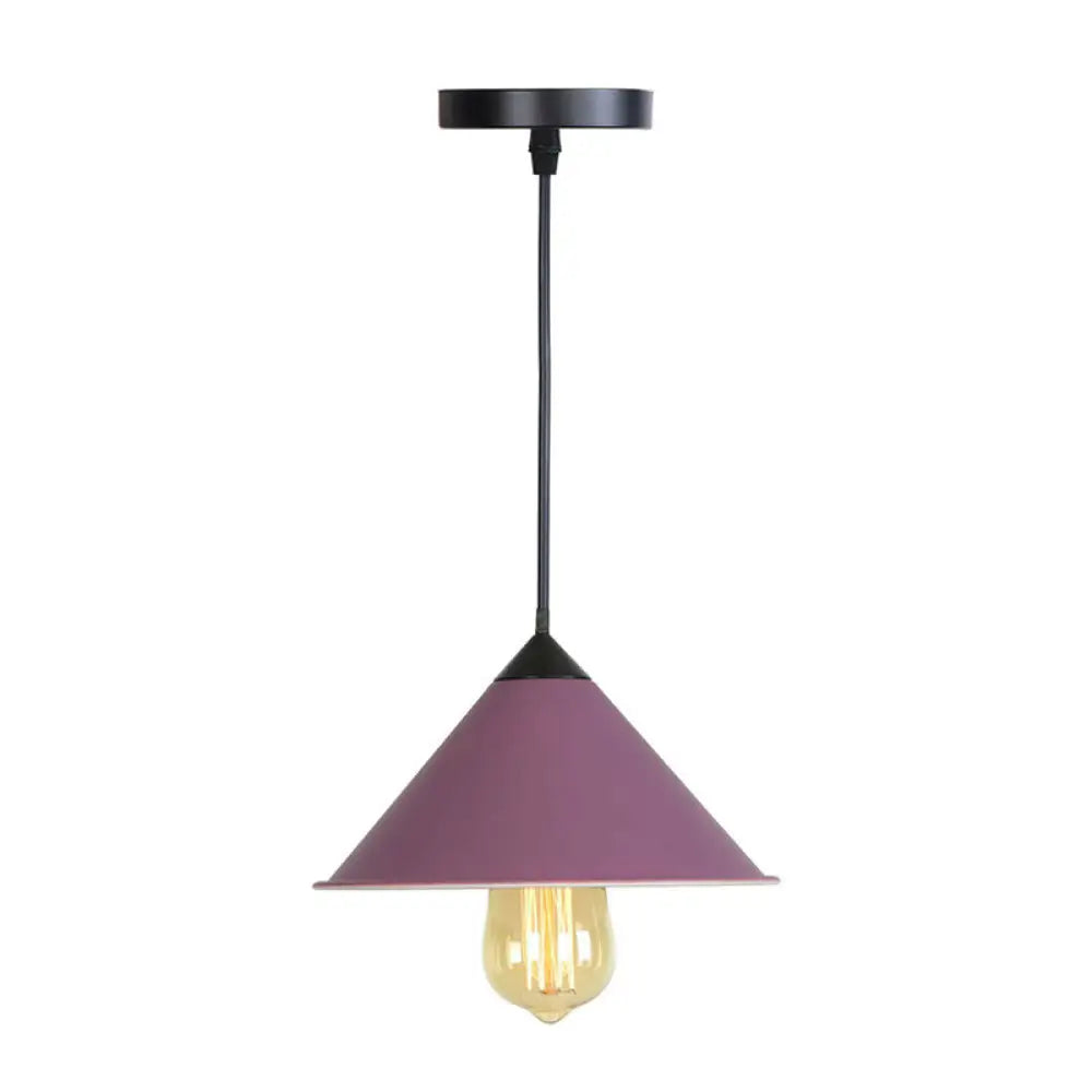 Roll-Edged Conical Iron Pendant Lamp In Pink/Blue/Grey - Loft Style For Single Dining Room Purple