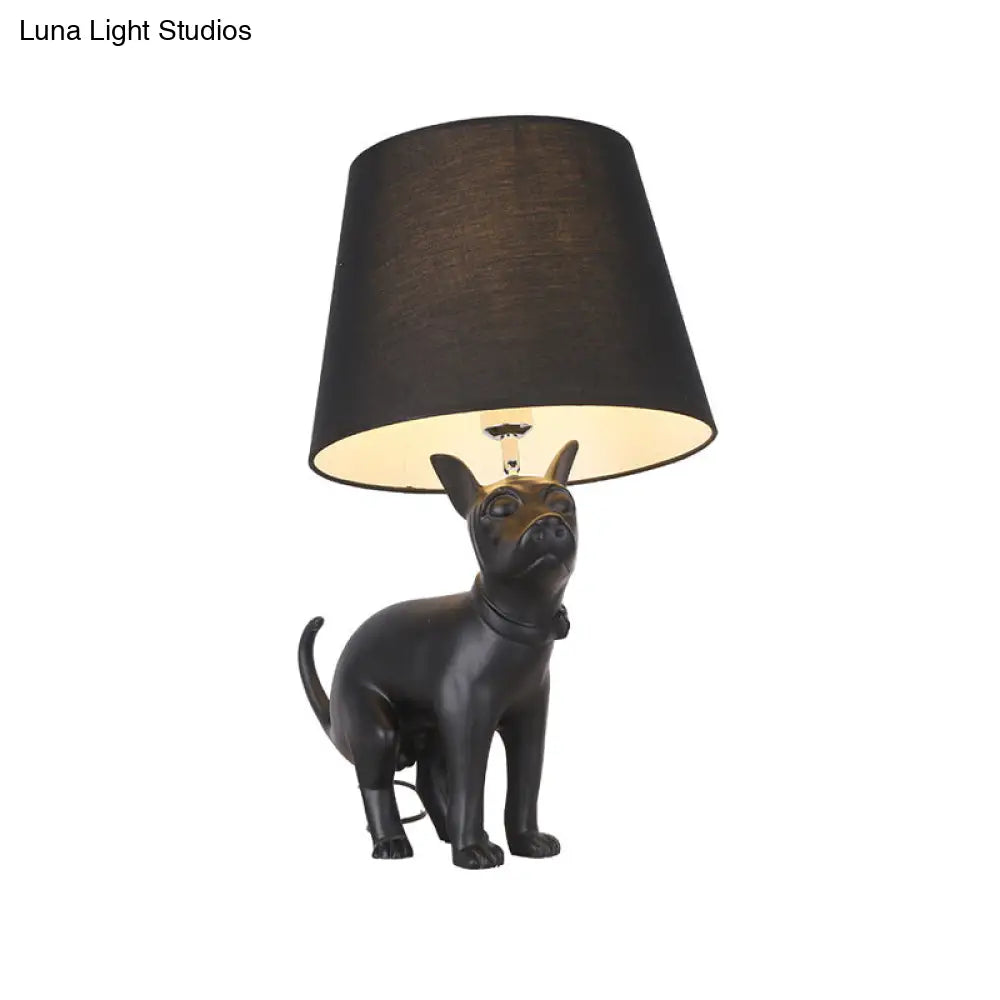 Country Style Resin Dog Nightstand Lamp With Cone Fabric Shade - Black