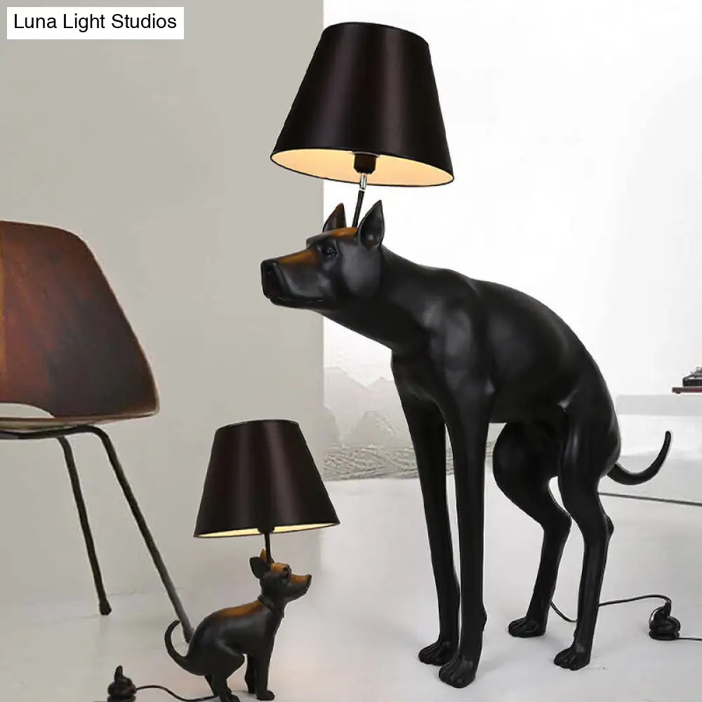 Country Style Resin Dog Nightstand Lamp With Cone Fabric Shade - Black