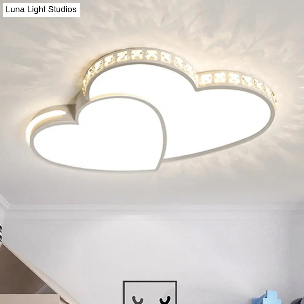 Romantic Acrylic Double Heart Ceiling Light With Sparkling Led Crystals In White - Perfect For