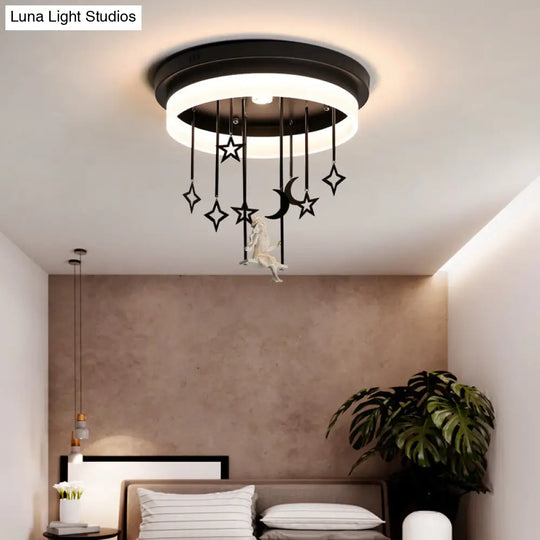 Romantic Black Circle Flush Ceiling Light With Star And Fairy Acrylic Led Lamp - Ideal For Boutiques