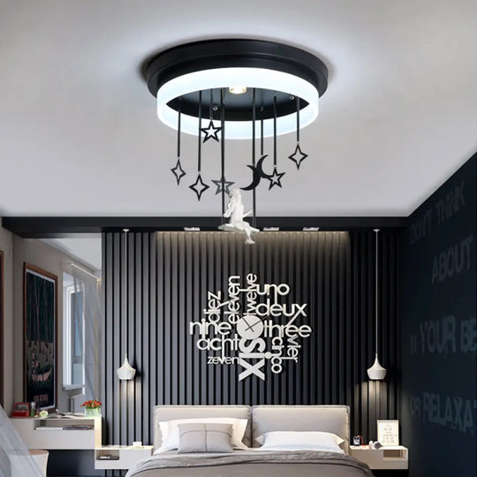 Romantic Black Circle Flush Ceiling Light With Star And Fairy Acrylic Led Lamp - Ideal For
