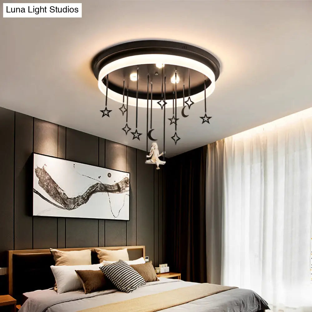 Romantic Black Circle Flush Ceiling Light With Star And Fairy Acrylic Led Lamp - Ideal For Boutiques