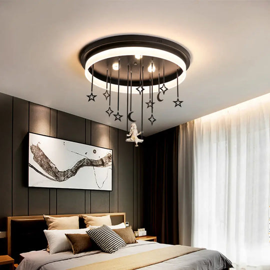 Romantic Black Circle Flush Ceiling Light With Star And Fairy Acrylic Led Lamp - Ideal For