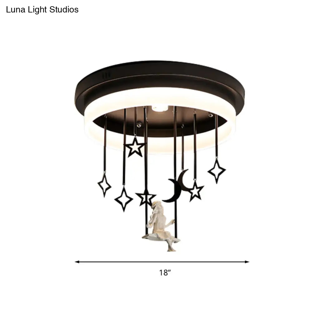 Romantic Black Circle Flush Ceiling Light With Star And Fairy Acrylic Led Lamp - Ideal For Boutiques