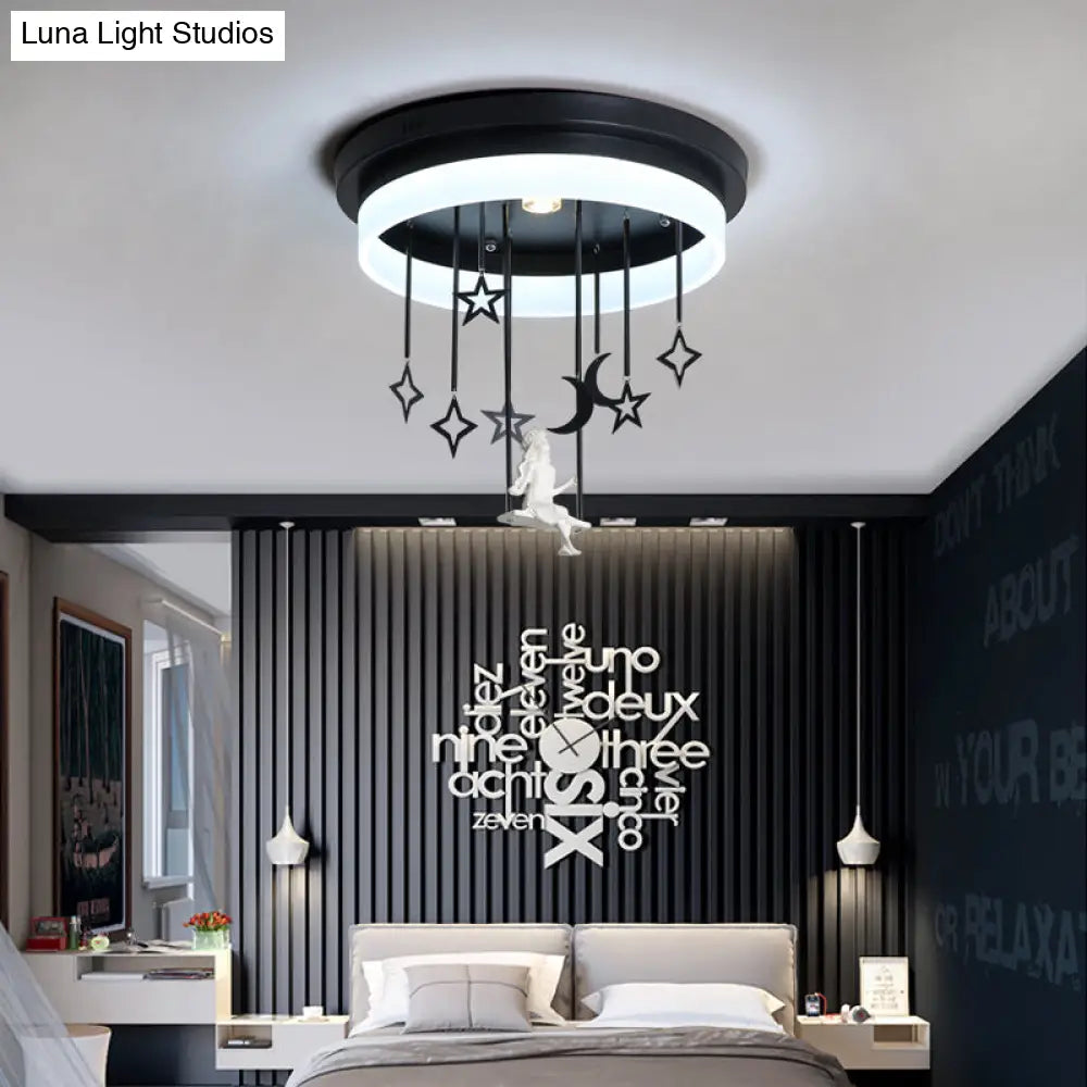 Romantic Black Circle Flush Ceiling Light With Star And Fairy Acrylic Led Lamp - Ideal For Boutiques