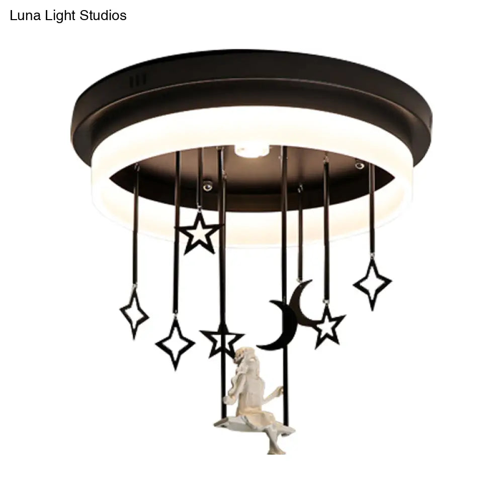 Romantic Black Circle Flush Ceiling Light With Star And Fairy Acrylic Led Lamp - Ideal For Boutiques