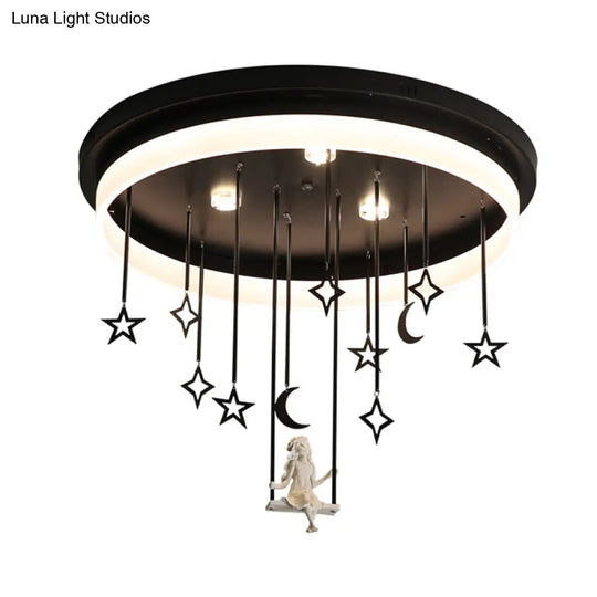 Romantic Black Circle Flush Ceiling Light With Star And Fairy Acrylic Led Lamp - Ideal For Boutiques