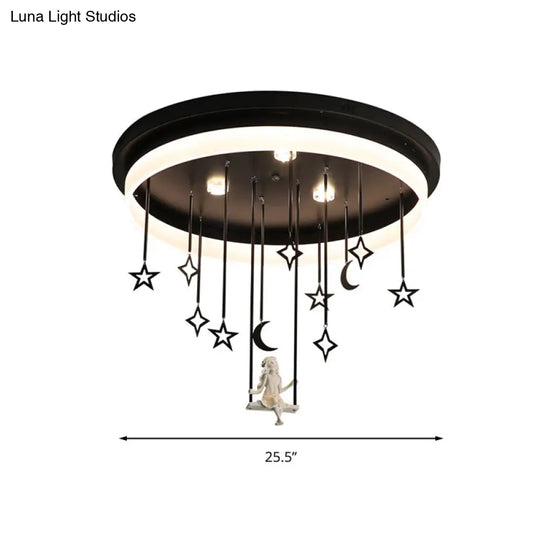 Romantic Black Circle Flush Ceiling Light With Star And Fairy Acrylic Led Lamp - Ideal For Boutiques