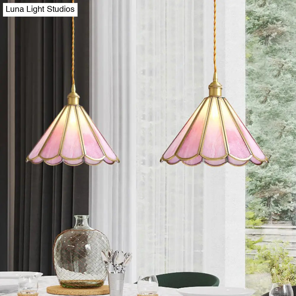 Stylish Brass Cord Hanging Pendant Light With Floral Rippled Glass Shade For Modern Dining Room