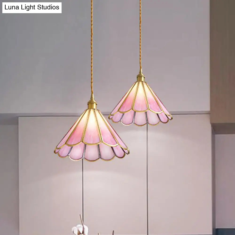 Stylish Brass Cord Hanging Pendant Light With Floral Rippled Glass Shade For Modern Dining Room Pink