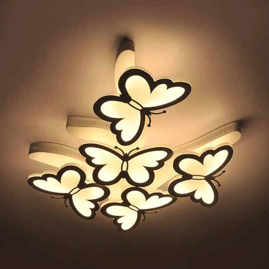 Romantic Butterfly Ceiling Light For Girls Bedroom - White Acrylic Flush Mount / Warm