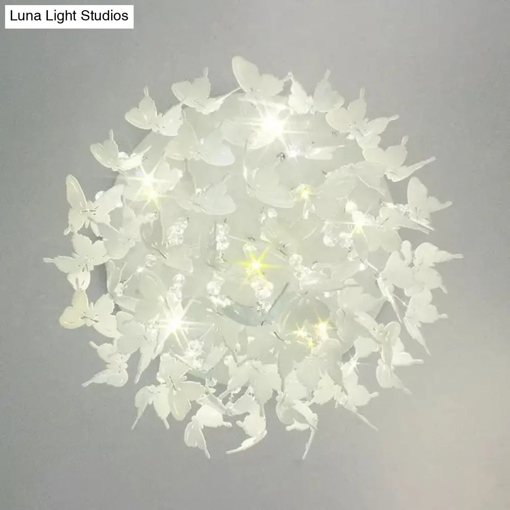 Romantic Butterfly Crystal Flush Ceiling Light For Shop - Round Metal White Fixture