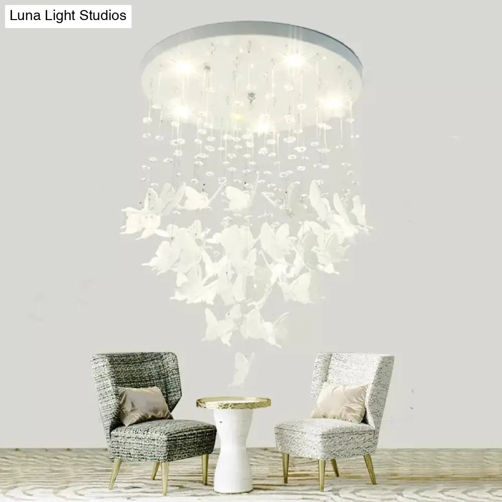 Romantic Butterfly Crystal Flush Ceiling Light For Shop - Round Metal White Fixture / A