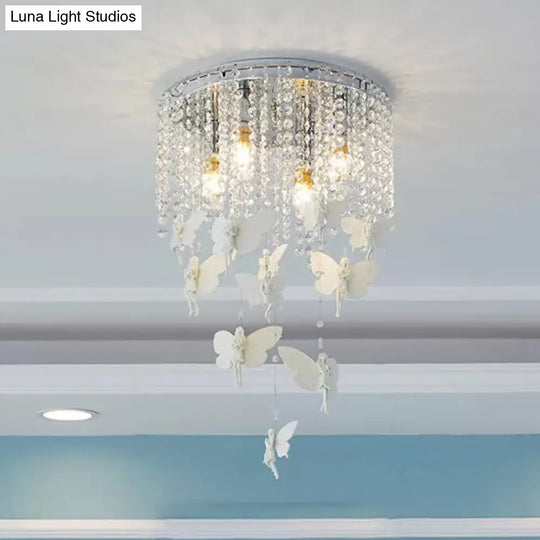 Romantic Butterfly Crystal Flush Ceiling Light For Shop - Round Metal White Fixture / B