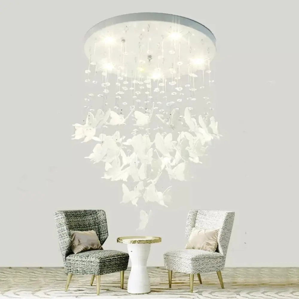 Romantic Butterfly Crystal Flush Ceiling Light For Shop - Round Metal White Fixture / A