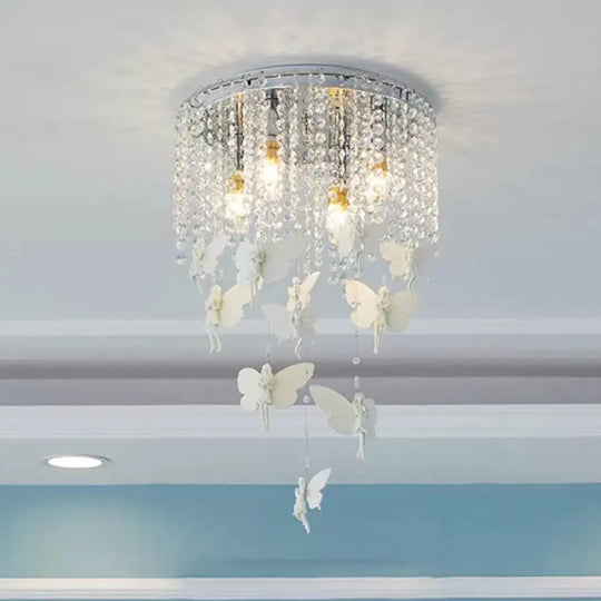 Romantic Butterfly Crystal Flush Ceiling Light For Shop - Round Metal White Fixture / B