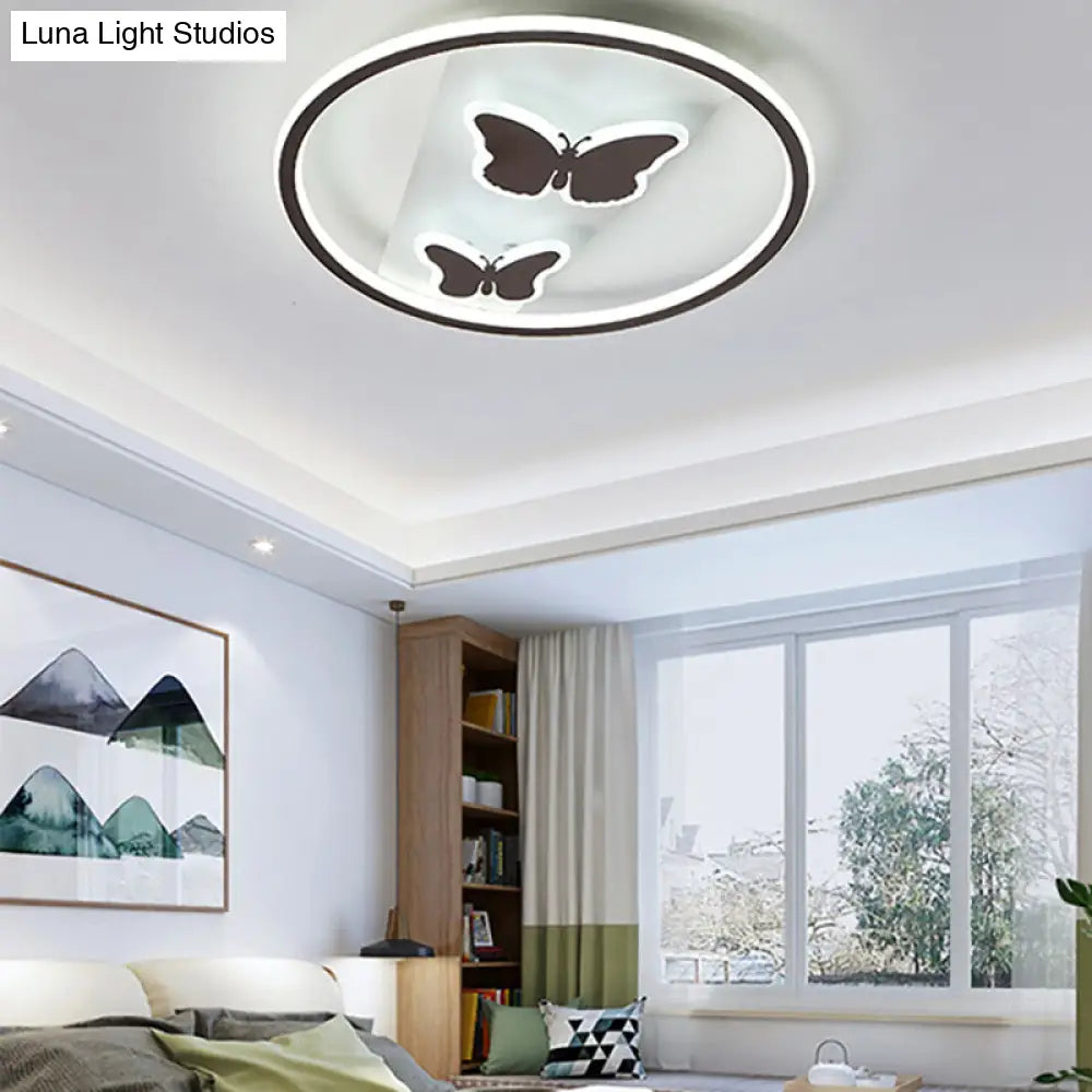 Romantic Butterfly Led Ceiling Light In White For Dining Room - Acrylic Ring Flush Mount