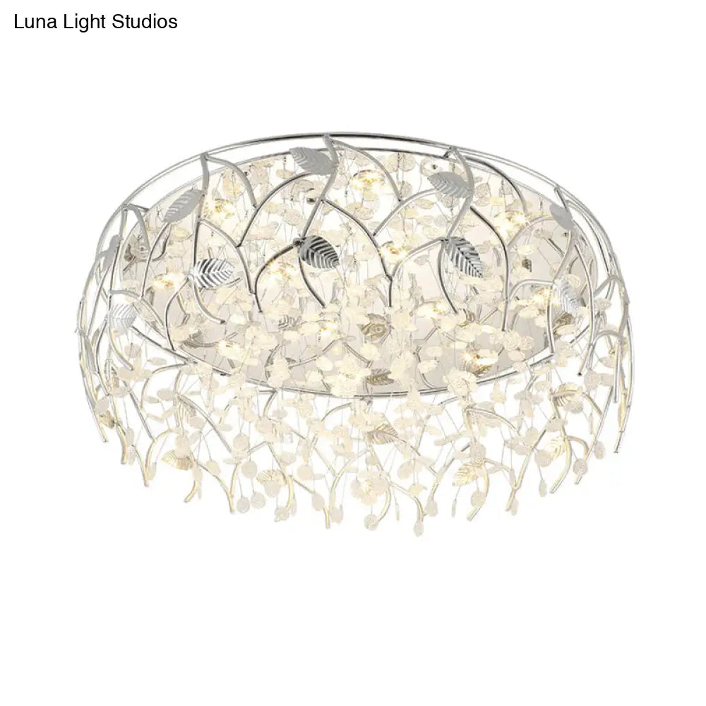 Romantic Chrome Flush Mount Light With Leaf & Crystal Bead Ceiling Fixture For Bedroom White