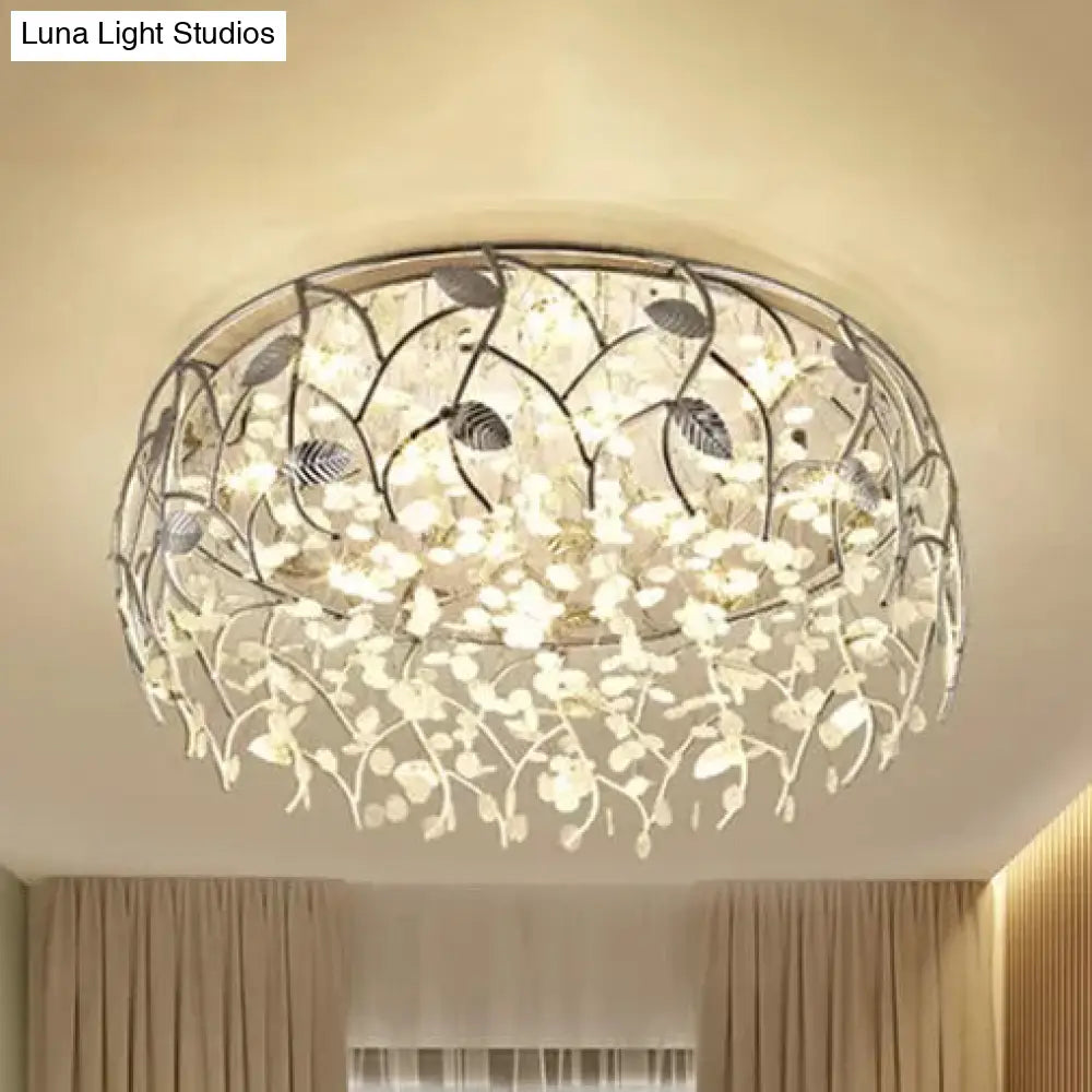 Romantic Chrome Flush Mount Light With Leaf & Crystal Bead Ceiling Fixture For Bedroom