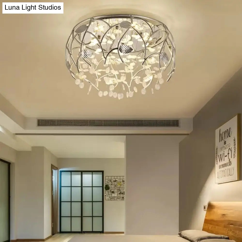 Romantic Chrome Flush Mount Light With Leaf & Crystal Bead Ceiling Fixture For Bedroom