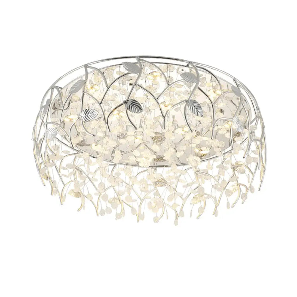 Romantic Chrome Flush Mount Light With Leaf & Crystal Bead Ceiling Fixture For Bedroom White