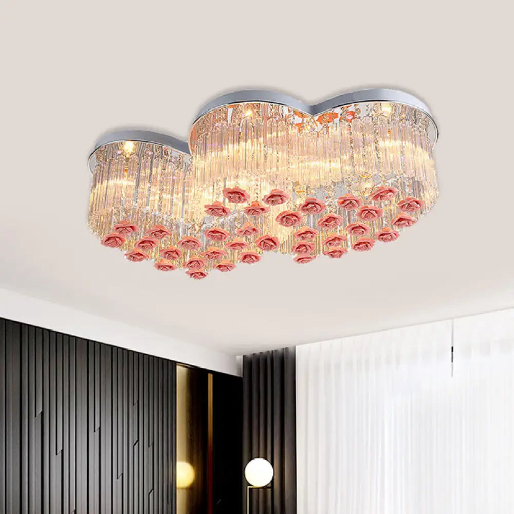 Romantic Crystal Rod Loving Heart Modern 8 - Light Flush Ceiling Light With Pink Ceramic Rose