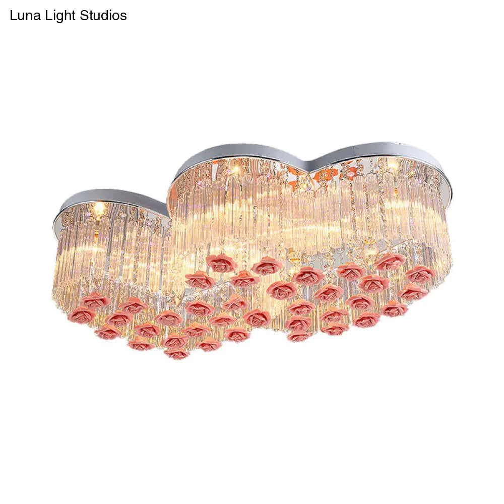 Romantic Crystal Rod Loving Heart Modern 8 - Light Flush Ceiling Light With Pink Ceramic Rose