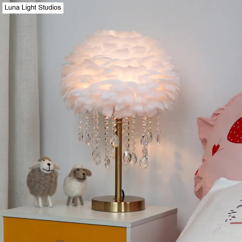 Romantic Feather Table Lamp: Modern Domed 1-Light Night Light With Crystal Decor