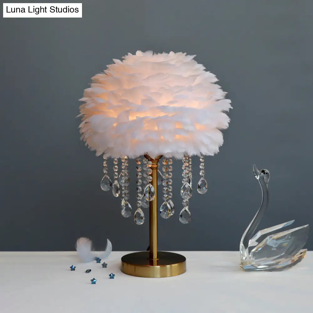 Romantic Feather Table Lamp: Modern Domed 1-Light Night Light With Crystal Decor