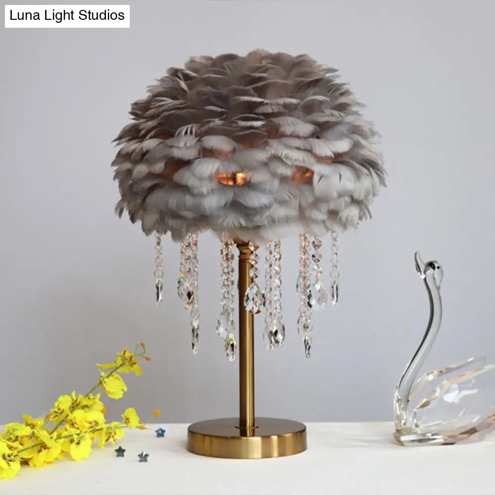 Romantic Feather Table Lamp: Modern Domed 1-Light Night Light With Crystal Decor