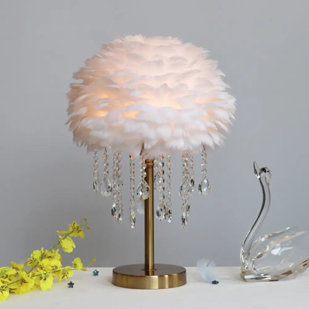 Romantic Feather Table Lamp: Modern Domed 1-Light Night Light With Crystal Decor White