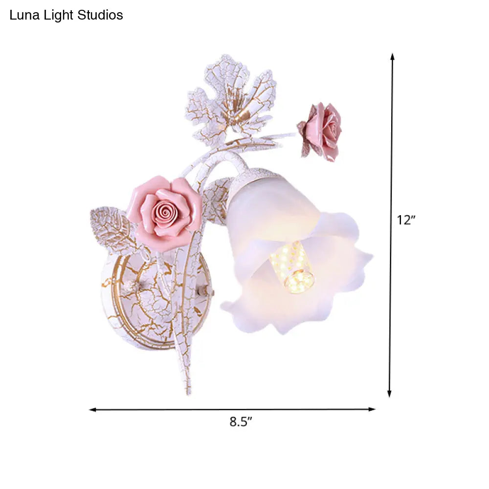 Romantic Flared Metal Wall Sconce With Flower Decor - 1/2 Heads White Fixture For Living Room