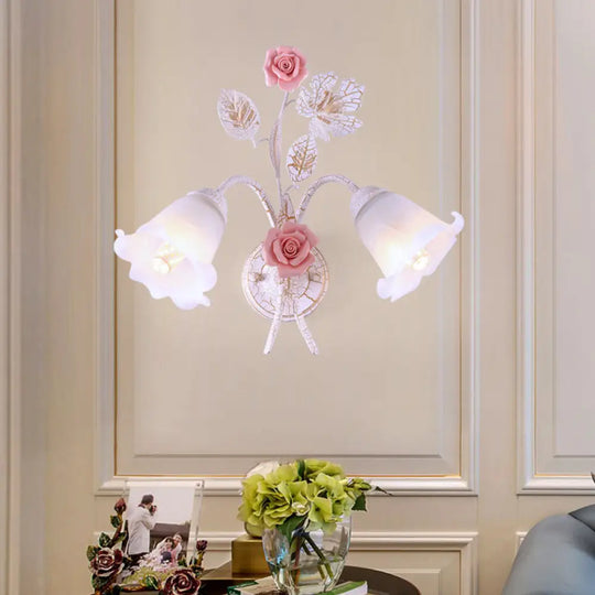 Romantic Flared Metal Wall Sconce With Flower Decor - 1/2 Heads White Fixture For Living Room 2 /