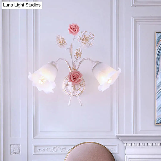 Romantic Flared Metal Wall Sconce With Flower Decor - 1/2 Heads White Fixture For Living Room