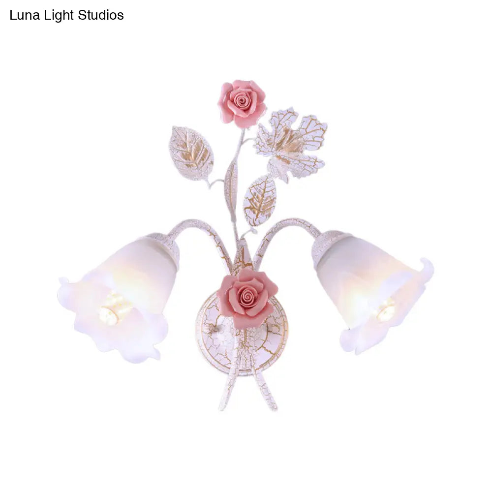 Romantic Flared Metal Wall Sconce With Flower Decor - 1/2 Heads White Fixture For Living Room